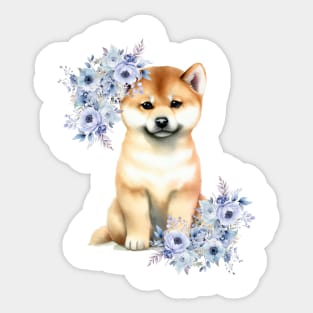 Cute Shiba Inu Dog with Flowers Watercolor Art Sticker